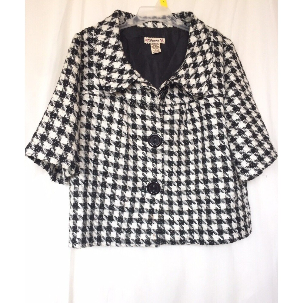 Forever 21 Blazer Cropped Jacket Black/White Houndstooth SzS Lined Preowned Flaw